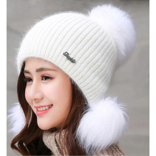 Simple Girl Thicken Ski Snow Cap New Fashion Fur PomPoms Winter Wool Women Beanie Hats Female Skullies Warm Knit Hat Set
