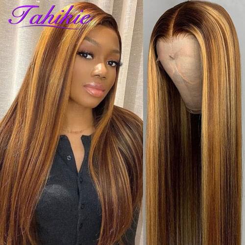 Tahikie Straight P4/27 Highlight Wig Human Hair Wigs For Black Women Peruvian 4x4 Closure Wig Transparent T Part Lace Wig Remy