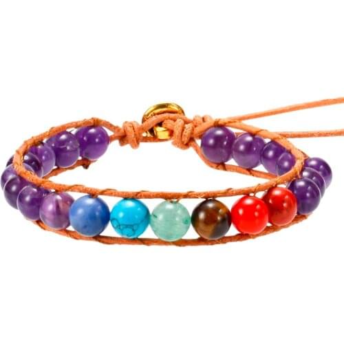 SUNYIK Natural Crystal 7 Chakra Stone Beads Leather Wrap Handmade Bracelet Adjustable Charm Bangle