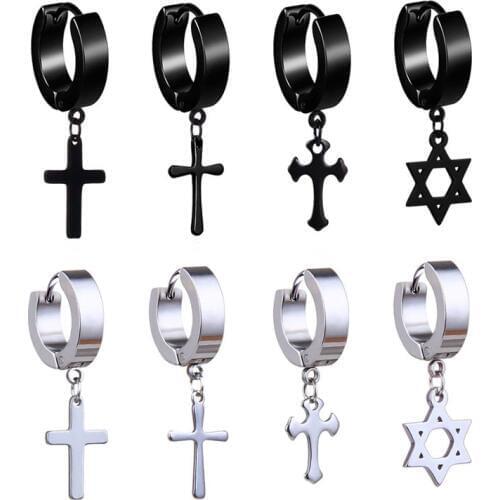 1 Piece Punk Cross Stars Pendant Round Earrings For Women Rock Men Simple Stainless Steel Stud Earrings Jewelry
