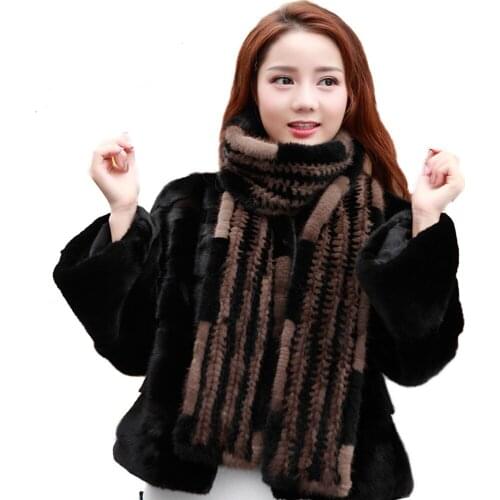 WInter Fur Scarf Women Real Mink Fur Neckerchief Outdoor Warm Black With Brown L'170CM