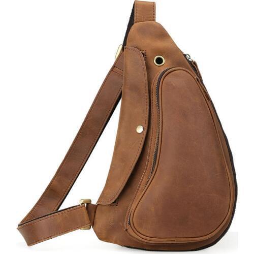 Tiding Mens Crazy Horse Leather Chest Pack Bag Retro Small Rucksack Messenger Bag Half Moon Daypack Cow Leather Sling Bag 3141