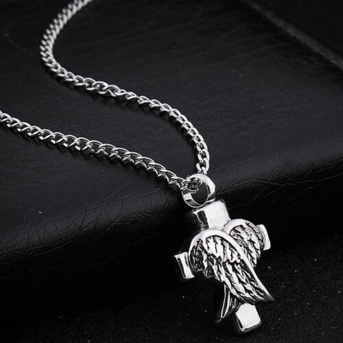 Vintage Cross Cremation Bone Ashes Urn Pendant Necklace Retro Angel Wings Heart Pray Memorial Keepsake Jewelry For Woman Men