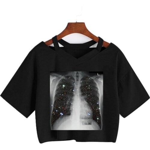 Dark Skull Bones Heart butterfly Print Gothic Aesthetic Short sleeve T-shirt Women Punk V-neck Tops Vintage Streetwear Loose Tee