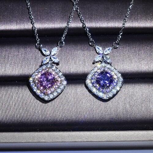 QTT Retro Pink Female Neck Pendants Luxury 925 Sterling Silver Neck Chains for Women Large Square AAA Zircon Stone Wedding Gift