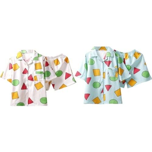 Women Summer 2 Piece Pajamas Set Short Sleeve Button Down Sleepwear Colorful Geometry Pattern Loose Home Loungewear