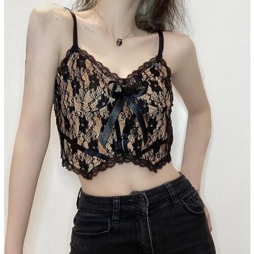 Womens Fashion Sexy Lace Stitching Sling Short Vest Black