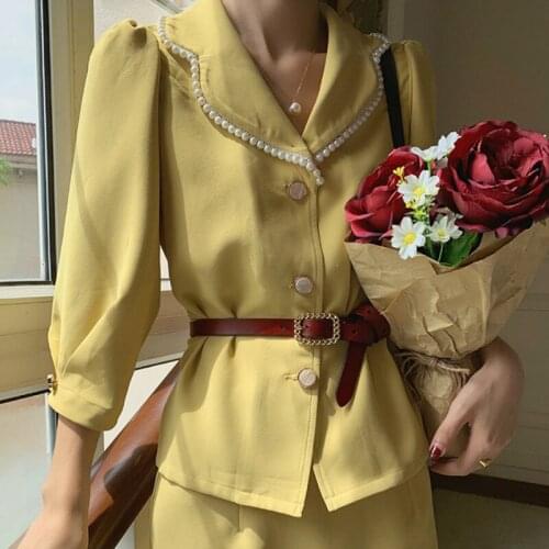 French Style Vintage 2 Piece Sets Vintage Women Suit Pearl Notched Sashes Blazer+ Skirt Elegant Office Lady Chic Suits
