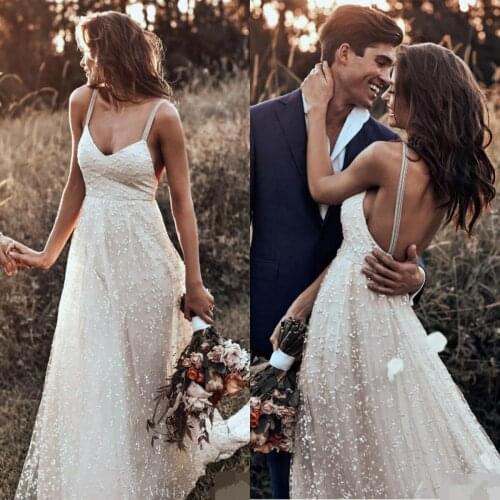 2021 Bohemian Wave Wedding Dresses Spaghetti Neckline Backless Beach Bridal Gowns Tulle Country Wedding Dress Vestido De Novia