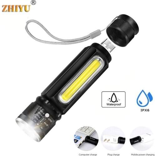 ZHIYU Multifunctional LED Rechargeable Flashlight battery Powerful T6 torch Side COB Light linterna tail magnet Work Light