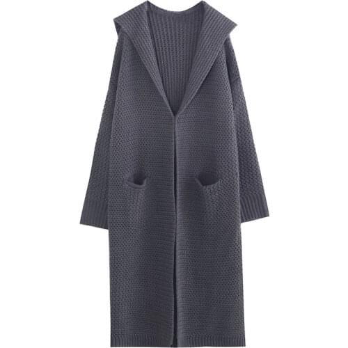2019 Winter Women Poncho Long Sleeve Oversize Knitted Thick Dark Gray Cardigans Coat Women Hooded Long Sweater Jumper Cape