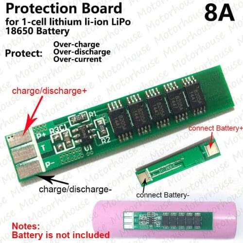 8A PCB Protection Circuit Board for 1-cell 3.7V 18650 Li-ion Lithium LiPo Battery Cell Short Circuit Protection