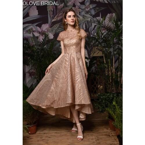 Sparkle Sequined Rose Gold Prom Dress Short Sleeves O Neck High Low A Line Special Occassion Evening Party Gown
