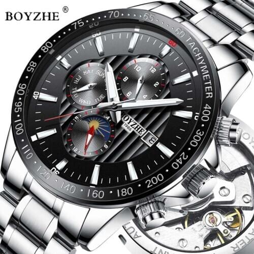 BOYZHE Luxury Brand Automatic Mechanical Watch Men Luminous Hands Stainless Steel Business Waterproof Watches Relogio Masculino