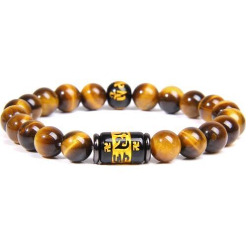 Natural Tiger Eye Beads Bracelet Men Charm Tibetan Buddhism Mantra Totem Strand Bracelet for Man Woman Om Mani Padme Hum Jewelry
