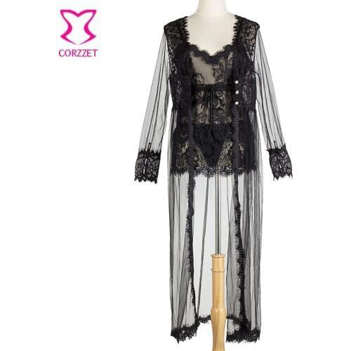 Black Transparent Mesh and Floral Lace Camisole + Panties + Robe Set Women Nightwear Lingerie Sexy Hot Exotic Apparel