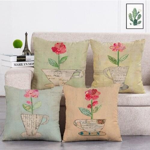 Newspaper coffee cup flower Printed Cushion Cover Linen Throw Pillow Car Home Decoration Decorative Pillowcase T353