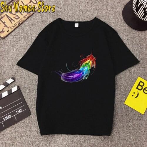 T-Shirts Women Vintage Short Sleeve Tops Colored feathers Print Harajuku Tshirt Womens Clothing women sexy tops y2k aesthetic