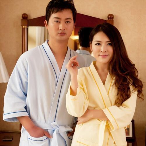 Women and men summer waffle hotel bathrobe cotton universal full sleeve knee length nightgown and kimono bathrobe bath robe