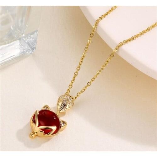 Exquisite Gold Plated Red Fox Pendant Necklace Romantic Charming Red Gems Zircon Crystal Necklace Women Jewelry Birthday Gifts