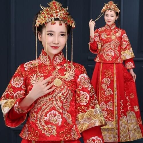 China Vintage cheongsam bride Wedding dress dragon gown costume kimono Outfit red chinese style evening dress show clothing