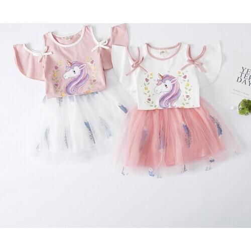 Summer Pretty Girls Set Animal Printed Children Short Sleeve T-shirt Top+Mesh Skirt 2PCS Kids Suit Fashion 2-6Y Children Clothes