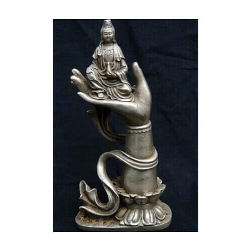 Copper Brass CHINESE crafts Asian Elaborate Buddhist Tibetan Silver Kwan-Yin Buddha Sitting in Hand Statue