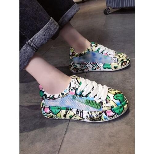 Fashion trend graffiti casual shoes spring and summer new thick-soled net yarn breathable sports womens shoes