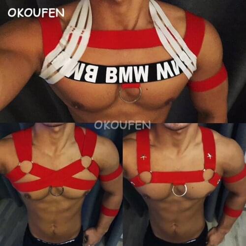 Nightclub Bar Men DS Strap Vest Party Theme costume Christmas New Year Red Rivet Sexy Chest Strap accesorry