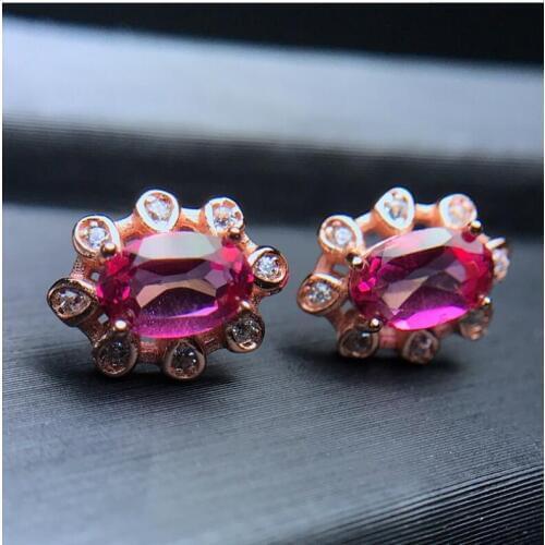 Natural Pink topaz earring Free shipping Natural real Pink topaz 925 sterling silver 5*7mm