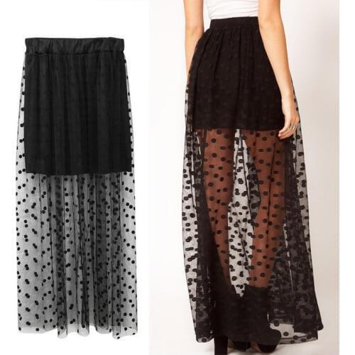 2018 New Women Mesh Dot Skirts Summer High Waist Two Fake Piece Skirts See Through Black Maxi Tulle Lace Long Skirts One Size
