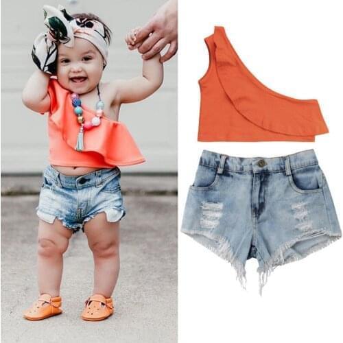 Wholesale 2021 Summer Girls Clothing Set Street Wear Outfits Kids Fashion Toddler Children One Shoulder Tops+Denim Shorts