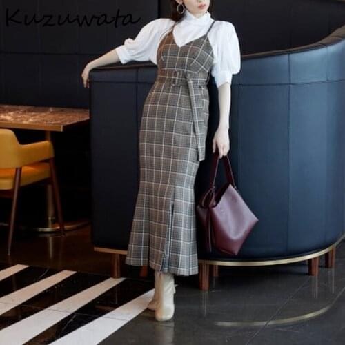 Neploe 2021 Autumn New Vestidos Japanese Commuter Women Robe High Waist Slim Button Sashes Folds Mermaid Suspender Dresses