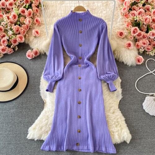 Autumn Winter Elegant Womens Purple Knitted Dress Solid High Neck Single Breasted Lantern Sleeve Midi Dress 2021Female Vestidos