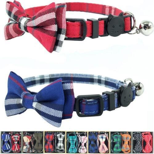 2PCS/PACK Cat Collar Breakaway Bow Tie Bell Accessories Red Blue Plaid Quick Release Safety Cats Puppies Kitty Collars 17-28cm