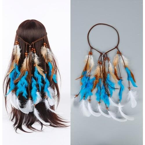 Boho Feather Headband for Woman Indian Hand Woven Festival Hair Accessories Peacock Feather Turban Ladies Adjust Hair Bands