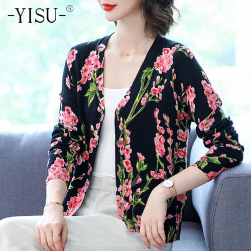 YISU Casual Sweater Cardigan Women soft Cardigan Long Sleeve V neck Single breasted Printed sweater cardigan 2021 Sweater Coat