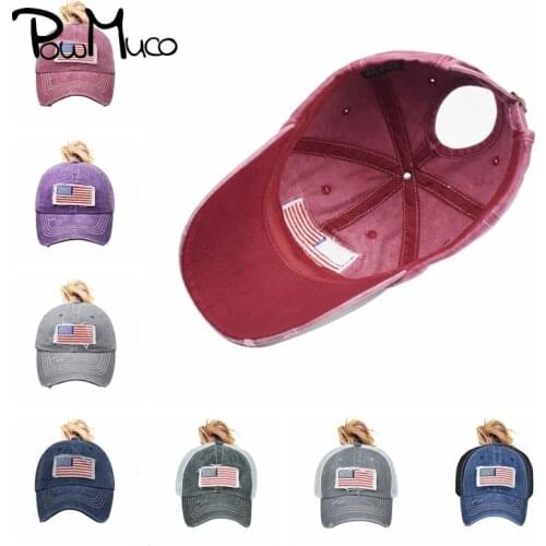 Powmuco Adjustable Cotton Women Ponytail Baseball Caps USA National Flag Embroidered Print Hats Outdoor Bonnet MAGA HAT
