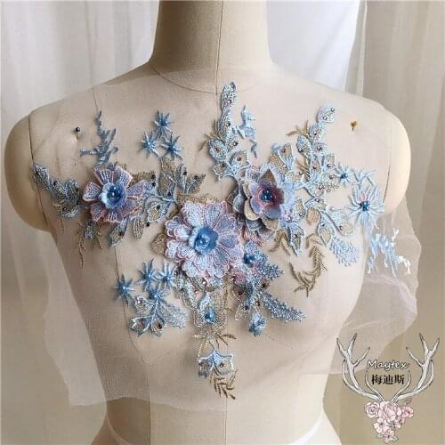 Super gorgeous Lace embroidery patches Handmade beaded flowers sequins Eugen yarn Applique for DIY Wedding dress 1order=2pcs