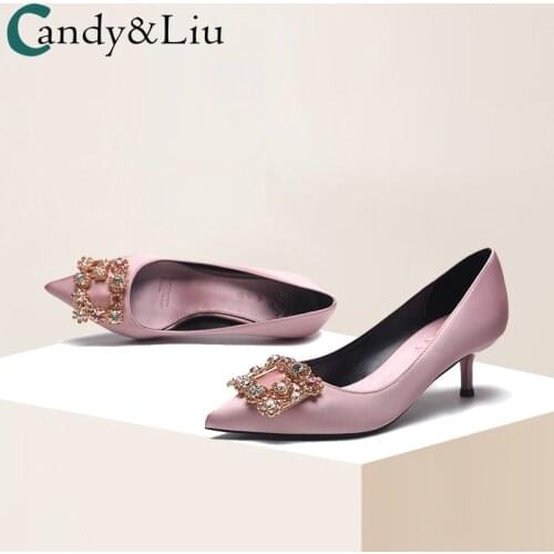 Womens Satin Shoe Spring 2021 New Satin Square Crystal Stone Buckle Bare Pink Girls Heeled Shoes 5cm Pointed Mid-heeled Heels