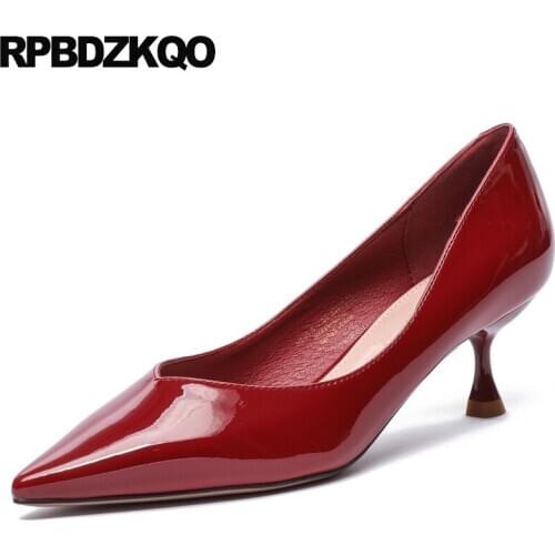 Wine red pointed toe high heels patent leather medium size 4 34 classic women fashion stiletto ladies yellow shoes pumps 2019