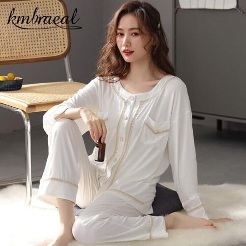 Womens Pajamas Set Autumn O Neck Design Luxury Long Sleeve Sleepwear Modal Elegant Solid Homewear Two Piece Set Plus Size 3xl