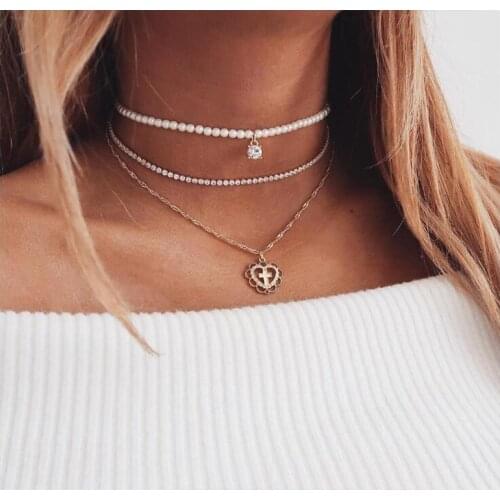 Brilliant Multi Layered Necklace For Women Statement Necklace Pearl Rhinestones Female Jewelry Gold Color Birthday Party Gift