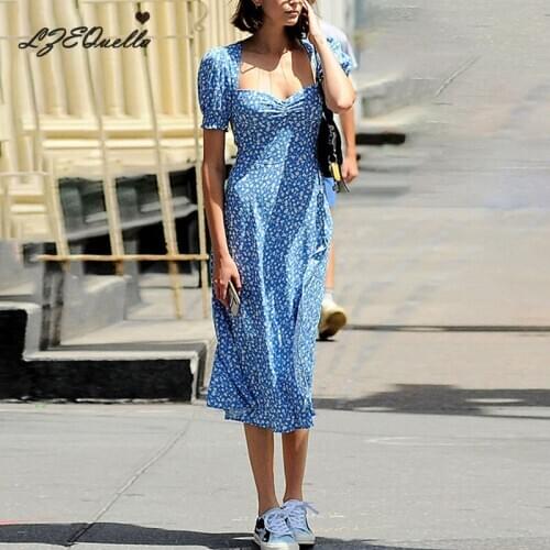 LZEQuella Summer Fashion Elegant Boho Print Slit Dress Women French Romantic Party Vocation Beach Casual Floral Dresses NZ3351