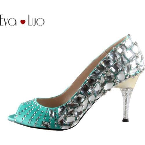CHS628 Custom Handmade Peep Toe Mint Green Crystal Satin Dress Pumps Bridal Wedding Shoes Women High Heel Shoes