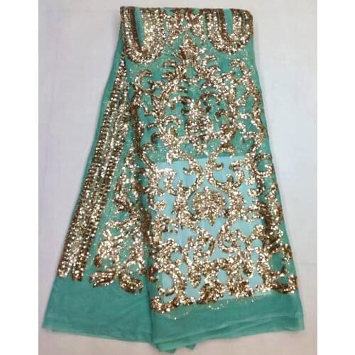 Free shipping (5yards/pc) high quality mint green African French net lace fabric with wonderful gold sequins for dress FL3923