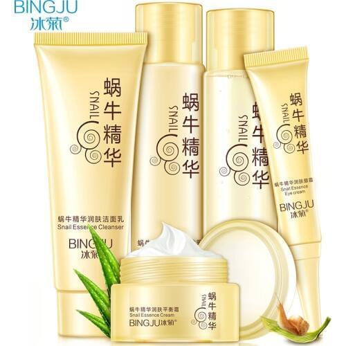 BINGJU 5 Pcs Snail Face Skin Care Set Day Cream Essence Eye Cream Anti Aging Repair Whitening Moisture Nursing Facial Snail Set