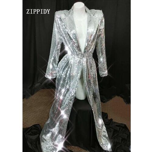 Shining Women Sequins Long Coat female singer DJ stage show Silver Jacket cloak strap DS Performance costume