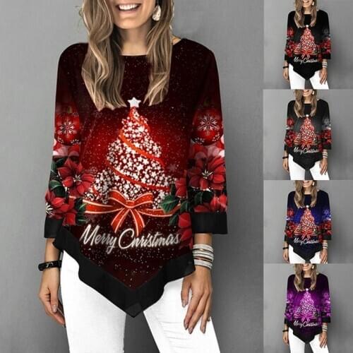Blouse Shirts Women Christmas Reindeer Print Long Sleeve Tops Holiday Fashion Ladies Loose Pullover Shirt Oversized Tunic Tops