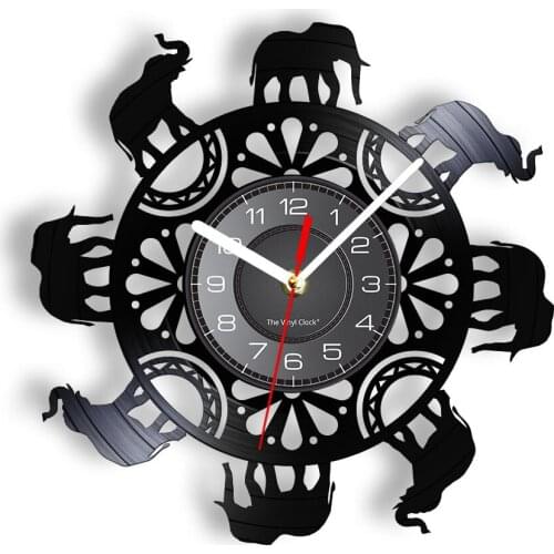 Tribal Elephants Carved Vinyl Record Art Silent Quartz Wall Clock Elephant Family In Circle African Animals Wildlife Wall Watch